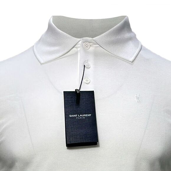 Saint Laurent Embroidered-Logo Polo Shirt in White Cotton